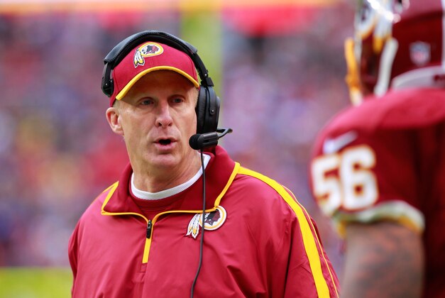 December 9, 2012; Landover, MD, USA; Washington Redskins defensive coordinator Jim Haslett talks on the sidelines against the Baltimore Ravens at FedEx Field. Mandatory Credit: Geoff Burke-USA TODAY Sports