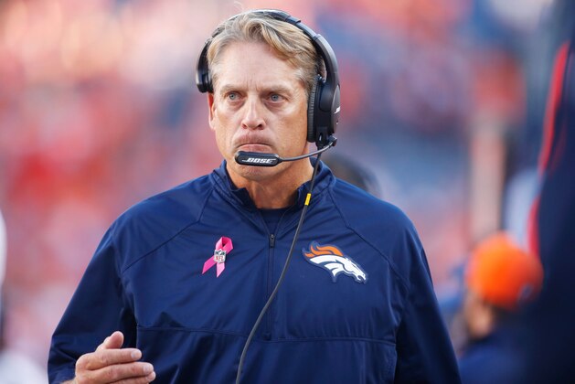 Oct 5, 2014; Denver, CO, USA; Denver Broncos defensive coordinator Jack Del Rio during the game against the Arizona Cardinals at Sports Authority Field at Mile High. Mandatory Credit: Chris Humphreys-USA TODAY Sports