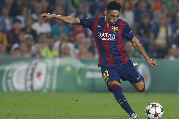 Barcelona's Munir El Haddadi prepares to shoot during the Champions League group F soccer match between F.C. Barcelona and Ajax at Camp Nou stadium in Barcelona, Spain, Tuesday, Oct. 21, 2014. (AP Photo/Emilio Morenatti)