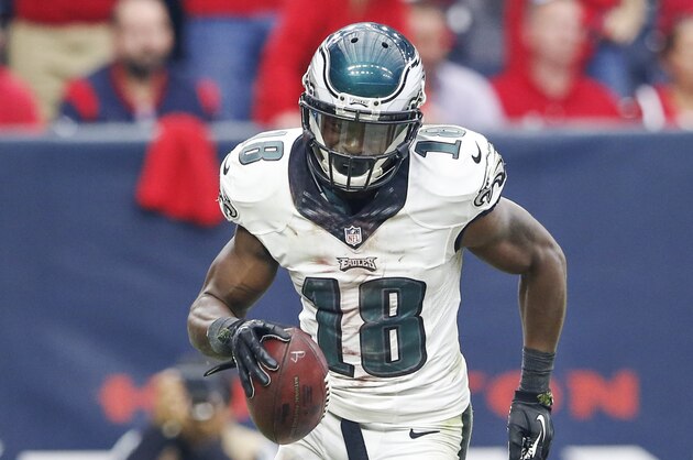 Nov 2, 2014; Houston, TX, USA; Philadelphia Eagles wide receiver Jeremy Maclin (18) reacts after scoring a touchdown during the game against the Houston Texans at NRG Stadium. Mandatory Credit: Kevin Jairaj-USA TODAY Sports