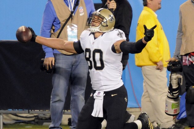 New Orleans Saints' Jimmy Graham (80) reacts after catching a touchdown pass against the Carolina Panthers in the first half of an NFL football game in Charlotte, N.C., Thursday, Oct. 30, 2014. (AP Photo/Mike McCarn)