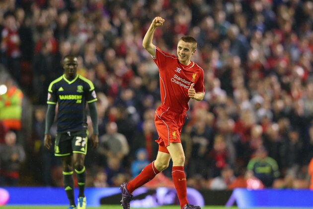 LIVERPOOL, ENGLAND - SEPTEMBER 23:  Jordan Rossiter of Liverpool celebrates after scoring the opening goal during the Capital One Cup Third Round match between Liverpool and Middlesbrough at Anfield on September 23, 2014 in Liverpool, England.  (Photo by Alex Livesey/Getty Images)