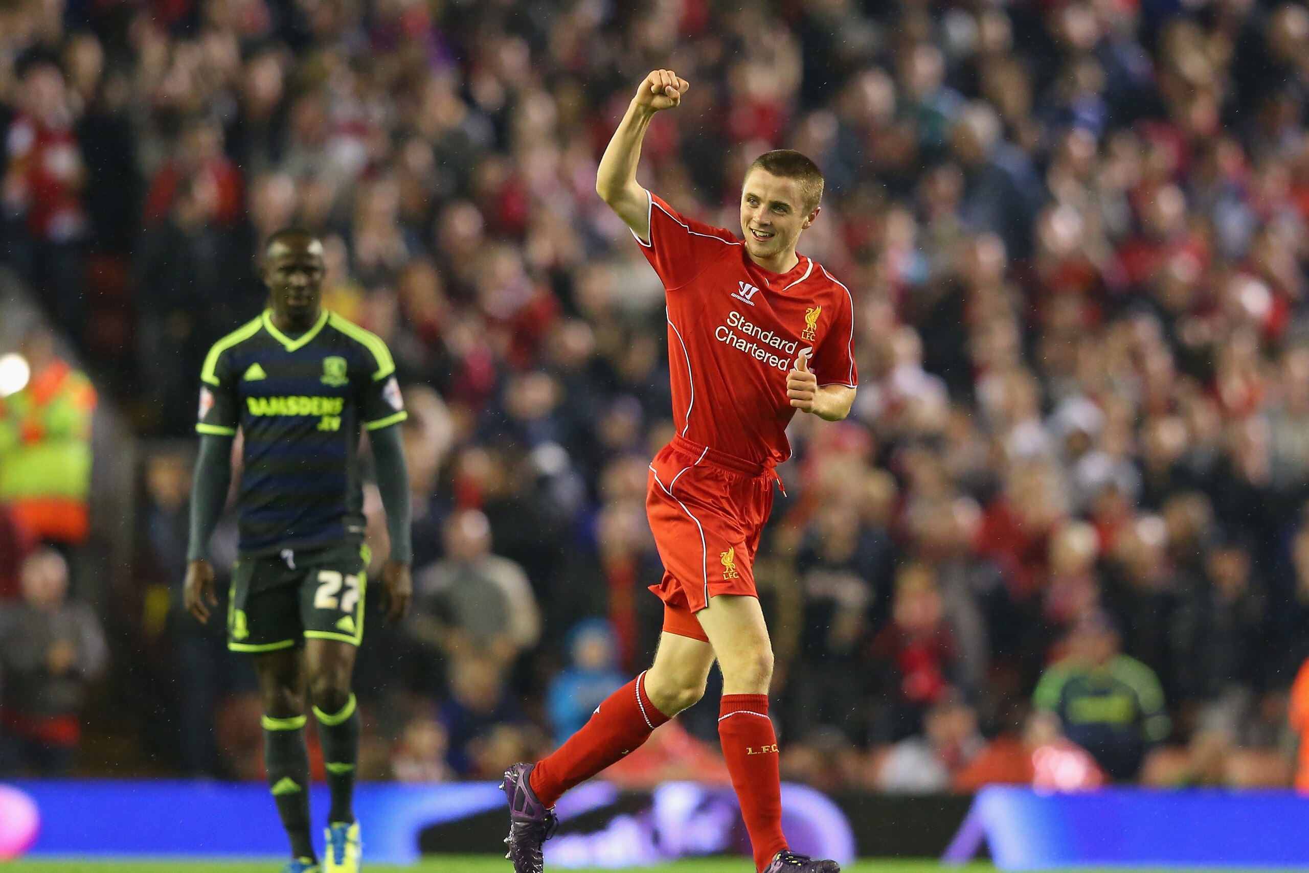 LIVERPOOL, ENGLAND - SEPTEMBER 23:  Jordan Rossiter of Liverpool celebrates after scoring the opening goal during the Capital One Cup Third Round match between Liverpool and Middlesbrough at Anfield on September 23, 2014 in Liverpool, England.  (Photo by Alex Livesey/Getty Images)