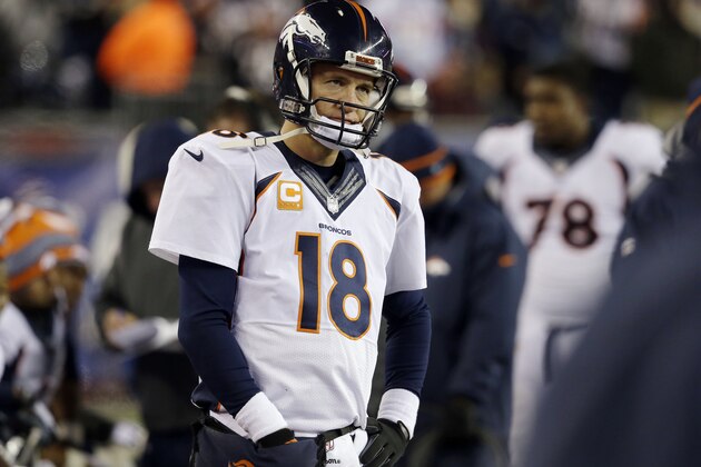 Denver Broncos quarterback Peyton Manning watches action from the sideline near the end of the second half of an NFL football game against the New England Patriots on Sunday, Nov. 2, 2014, in Foxborough, Mass. The Patriots won 43-21. (AP Photo/Stephan Savoia)