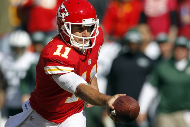 Kansas City Chiefs quarterback Alex Smith during the first half of an NFL football game against the New York Jets at Arrowhead Stadium in Kansas City, Mo., Sunday, Nov. 2, 2014. (AP Photo/Colin E. Braley)