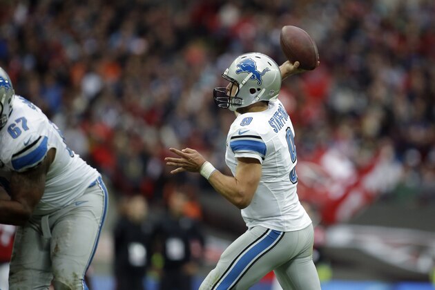 Detroit Lions quarterback Matthew Stafford (9) throws a pass in the second half of the NFL football game against the Atlanta Falcons at Wembley Stadium, London, Sunday, Oct. 26, 2014.  (AP Photo/Matt Dunham)