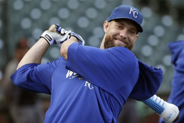 Kansas City Royals' Alex Gordon takes batting practice during a baseball workout on Thursday, Oct. 23, 2014, in San Francisco. The Royals and the San Francisco Giants are to play Game 3 of baseball's World Series in San Francisco on Friday. (AP Photo/Marcio Jose Sanchez)