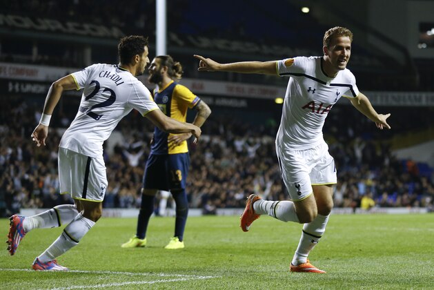 Tottenham's  Harry Kane, right, celebrates scoring  his third goal during the Europa League Group C soccer match between Totteham Hotspur and Asteras Tripolis at White Hart Lane stadium in London, Thursday, Oct. 23, 2014. (AP Photo/Kirsty Wigglesworth)