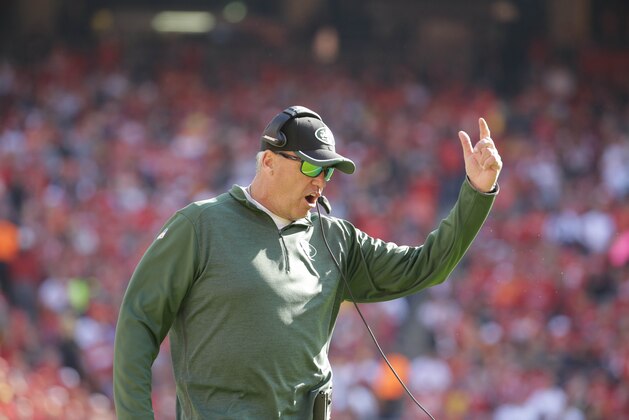 New York Jets head coach Rex Ryan calls instructions in the second half of an NFL football game against the Kansas City Chiefs in Kansas City, Mo., Sunday, Nov. 2, 2014. (AP Photo/Charlie Riedel)