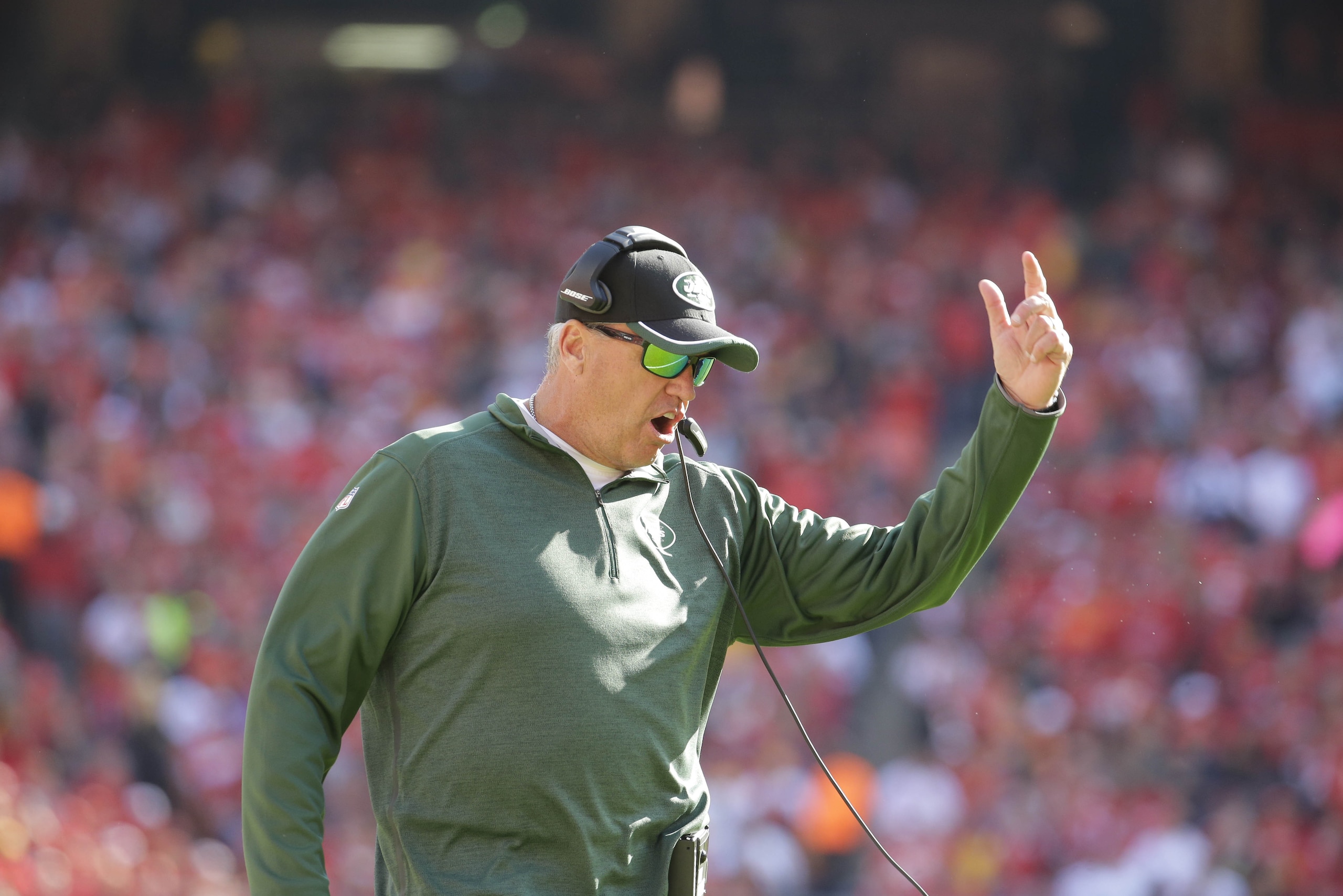 New York Jets head coach Rex Ryan calls instructions in the second half of an NFL football game against the Kansas City Chiefs in Kansas City, Mo., Sunday, Nov. 2, 2014. (AP Photo/Charlie Riedel)