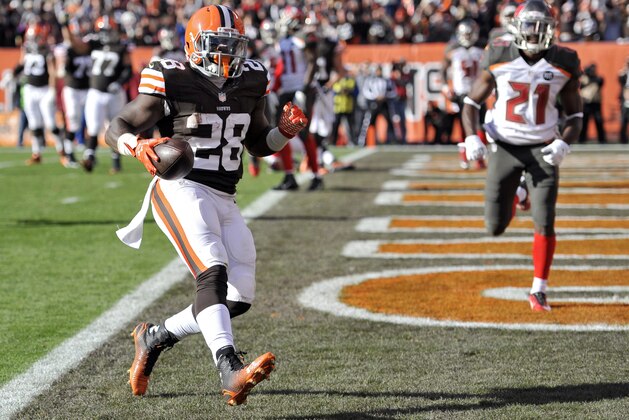 Cleveland Browns running back Terrance West (28) runs untouched into the end zone on a two-yard touchdown catch against the Tampa Bay Buccaneers in the third quarter of an NFL football game, Sunday, Nov. 2, 2014, in Cleveland. (AP Photo/David Richard)