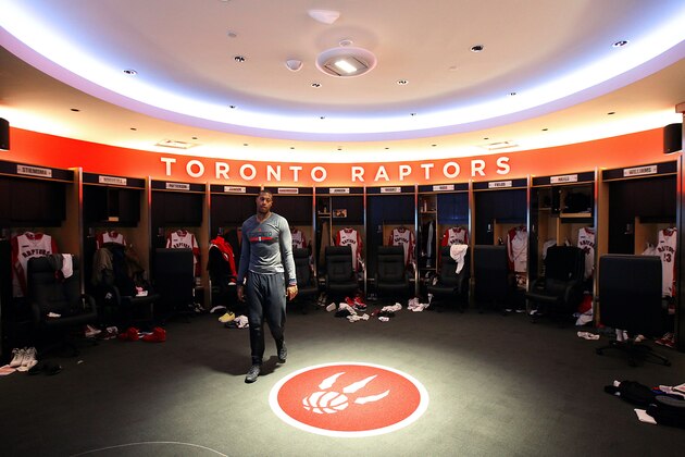 TORONTO,ON - OCTOBER 29:  James Johnson #3 of the Toronto Raptors walks across the locker room floor prior to facing the Atlanta Hawks during their NBA game at the Air Canada Centre on October 29, 2014 in Toronto, Ontario, Canada. NOTE TO USER: User expressly acknowledges and agrees that, by downloading and/or using this photograph, user is consenting to the terms and conditions of the Getty Images License Agreement. Mandatory Copyright Notice: Copyright 2014 NBAE (Photo by Dave Sandford/NBAE via Getty Images)