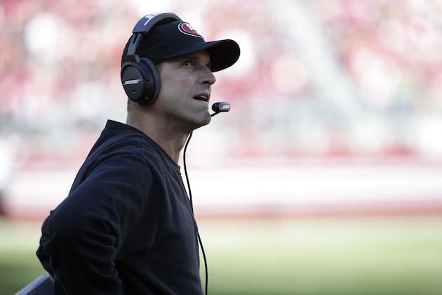 San Francisco 49ers head coach Jim Harbaugh against the St. Louis Rams during the first half of an NFL football game in Santa Clara, Calif., Sunday, Nov. 2, 2014. (AP Photo/Marcio Jose Sanchez)