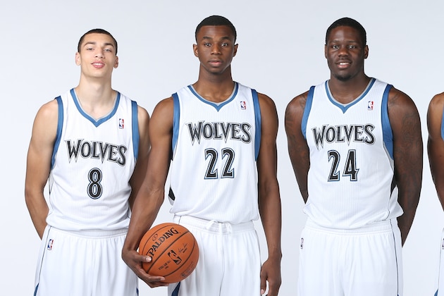 MINNEAPOLIS, MN - AUGUST 26:  Zach LaVine #8, Andrew Wiggins #22, Anthony Bennett #24 and Thaddeus Young #33 of the Minnesota Timberwolves pose for portraits on August 26, 2014 at Target Center in Minneapolis, Minnesota.  NOTE TO USER: User expressly acknowledges and agrees that, by downloading and or using this Photograph, user is consenting to the terms and conditions of the Getty Images License Agreement. Mandatory Copyright Notice: Copyright 2014 NBAE (Photo by David Sherman/NBAE via Getty Images)