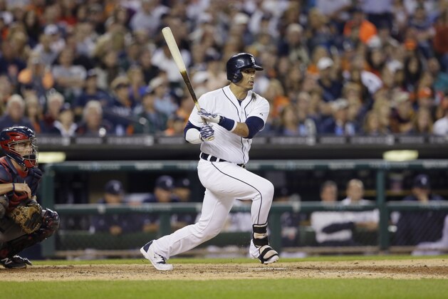 Detroit Tigers designated hitter Victor Martinez bats during the sixth inning of a baseball game against the Minnesota Twins in Detroit, Saturday, Sept. 27, 2014. (AP Photo/Carlos Osorio)