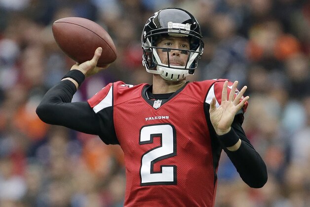 Atlanta Falcons quarterback Matt Ryan (2) throws a pass in the first half of the NFL football game against the Detroit Lions at Wembley Stadium, London, Sunday, Oct. 26, 2014.  (AP Photo/Matt Dunham)