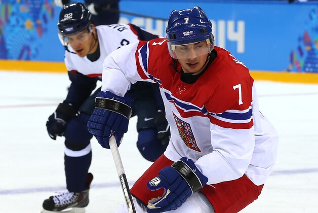 SOCHI, RUSSIA - FEBRUARY 18: Tomas Kaberle #7 of Czech Republic handles the puck against Slovakia during the Men's Qualification Playoff Game on day 11 of the Sochi 2014 Winter Olympics at Shayba Arena on February 18, 2014 in Sochi, Russia.  (Photo by Martin Rose/Getty Images)