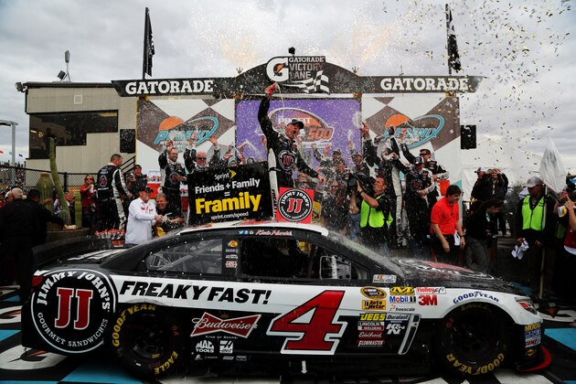 AVONDALE, AZ - MARCH 02:  Kevin Harvick, driver of the #4 Jimmy John's Chevrolet, celebrates in Victory Lane after winning the NASCAR Sprint Cup Series The Profit On CNBC 500 at Phoenix International Raceway on March 2, 2014 in Avondale, Arizona.  (Photo by Jerry Markland/Getty Images)