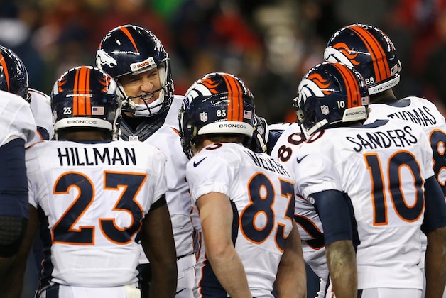 FOXBORO, MA - NOVEMBER 02:  Peyton Manning #18 of the Denver Broncos reacts during the third quarter against the New England Patriots at Gillette Stadium on November 2, 2014 in Foxboro, Massachusetts.  (Photo by Jim Rogash/Getty Images)