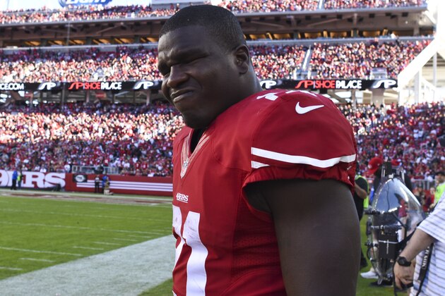 SANTA CLARA, CA - NOVEMBER 02: Frank Gore #21 of the San Francisco 49ers stands on the sidelines against the St. Louis Rams during the fourth quarter at Levi's Stadium on November 2, 2014 in Santa Clara, California.  The St. Louis Rams defeated the San Francisco 49ers 13-10.  (Photo by Thearon W. Henderson/Getty Images)