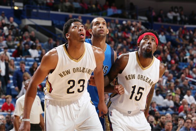 NEW ORLEANS, LA - NOVEMBER 1: Anthony Davis #23, John Salmons #15 of the New Orleans Pelicans look up for the rebound against Dallas Mavericks during the game on November 1, 2014 at Smoothie King Center in New Orleans, Louisiana. NOTE TO USER: User expressly acknowledges and agrees that, by downloading and or using this Photograph, user is consenting to the terms and conditions of the Getty Images License Agreement. Mandatory Copyright Notice: Copyright 2014 NBAE (Photo by Gary Dineen /NBAE via Getty Images)
