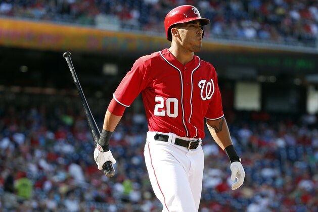 Washington Nationals' Ian Desmond walks away after striking out during the first inning of a baseball game against the Philadelphia Phillies at Nationals Park, Saturday, Sept. 6, 2014, in Washington. (AP Photo/Alex Brandon)