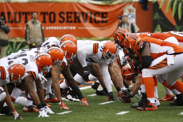 The Cleveland Browns line up against the Cincinnati Bengals on a field goal attempt during an NFL football game, Sunday, Nov. 17, 2013, in Cincinnati. (AP Photo/David Kohl)