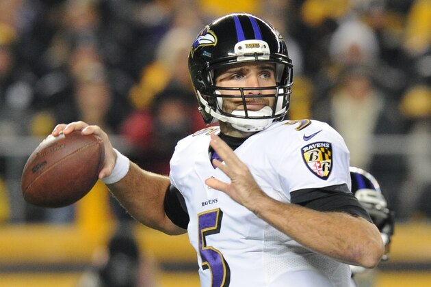 Baltimore Ravens quarterback Joe Flacco (5) passes in the first quarter of the NFL football game against the Pittsburgh Steelers, Sunday, Nov. 2, 2014, in Pittsburgh. (AP Photo/Don Wright)