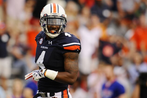 Sep 27, 2014; Auburn, AL, USA; Auburn Tigers wide receiver Quan Bray (4) reacts to a touchdown during the second half against the Louisiana Tech Bulldogs at Jordan Hare Stadium. Auburn won 45-17. Mandatory Credit: Shanna Lockwood-USA TODAY Sports