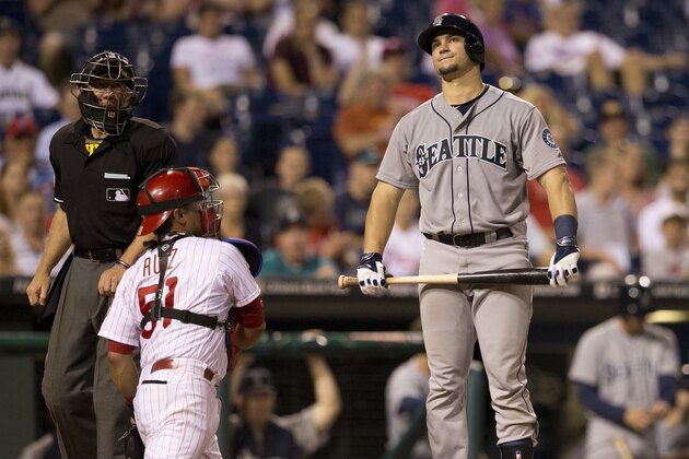 PHILADELPHIA, PA - AUGUST 18:  Mike Zunino #3 of the Seattle Mariners reacts after striking out in the top of the ninth inning against the Philadelphia Phillies on August 18, 2014 at Citizens Bank Park in Philadelphia, Pennsylvania. (Photo by Mitchell Leff/Getty Images)