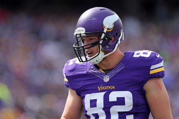 Sep 14, 2014; Minneapolis, MN, USA; Minnesota Vikings tight end Kyle Rudolph (82) against the New England Patriots at TCF Bank Stadium. The Patriots defeated the Vikings 30-7. Mandatory Credit: Brace Hemmelgarn-USA TODAY Sports Sep 14, 2014; Minneapolis, MN, USA; Minnesota Vikings tight end Kyle Rudolph (82) against the New England Patriots at TCF Bank Stadium. The Patriots defeated the Vikings 30-7. Mandatory Credit: Brace Hemmelgarn-USA TODAY Sports