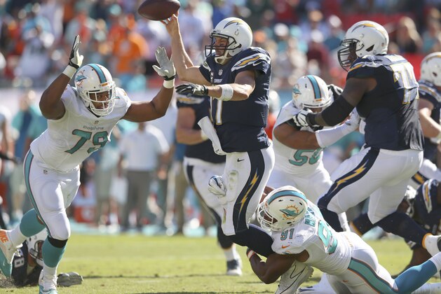 MIAMI GARDENS, FL - NOVEMBER 02:  Quarterback Philip Rivers #17 of the San Diego Chargers throws under pressure from defensive end Derrick Shelby #79 and defensive end Cameron Wake #91 of the Dolphins in the second quarter during a game at Sun Life Stadium on November 2, 2014 in Miami Gardens, Florida.  (Photo by Mike Ehrmann/Getty Images)