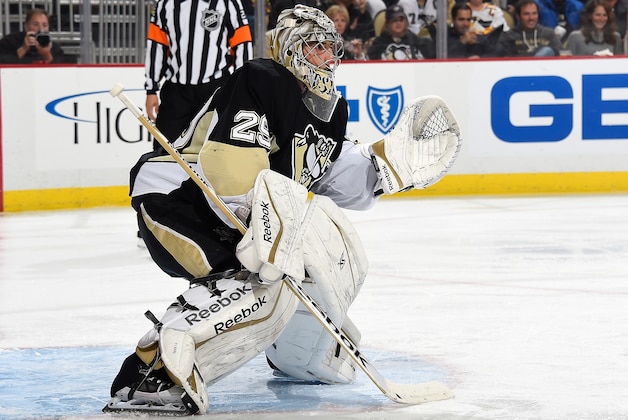 PITTSBURGH, PA - NOVEMBER 01:  Marc-Andre Fleury #29 of the Pittsburgh Penguins defends the net against the Buffalo Sabres at Consol Energy Center on November 1, 2014 in Pittsburgh, Pennsylvania.  (Photo by Joe Sargent/NHLI via Getty Images)