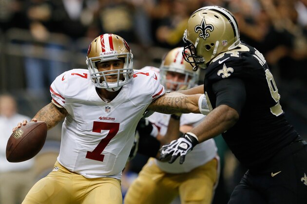 NEW ORLEANS, LA - NOVEMBER 17:  Cameron Jordan #94 of the New Orleans Saints pressures Colin Kaepernick #7 of the San Francisco 49ers at Mercedes-Benz Superdome on November 17, 2013 in New Orleans, Louisiana.  (Photo by Kevin C. Cox/Getty Images)