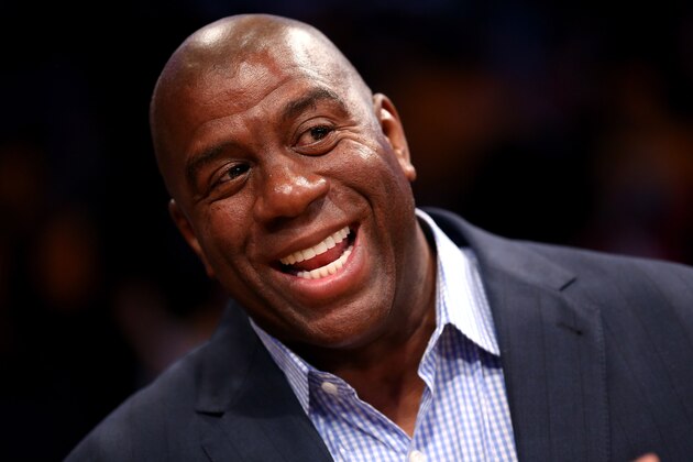 LOS ANGELES, CA - OCTOBER 30:   Los Angeles Lakers Hall of Fame player and current part owner of the Los Angeles Dodgers Magic Johnson attends the game with the Dallas Mavericks at Staples Center on October 30, 2012 in Los Angeles, California.  The Mavericks won 99-91.  NOTE TO USER: User expressly acknowledges and agrees that, by downloading and or using this photograph, User is consenting to the terms and conditions of the Getty Images License Agreement.  (Photo by Stephen Dunn/Getty Images)