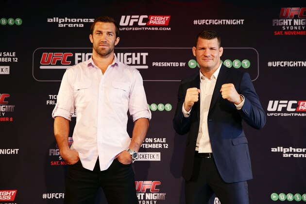 SYDNEY, AUSTRALIA - SEPTEMBER 11:  Luke Rockhold (L) and Michael Bisping (R) sqaure off during the UFC Fight Night: Rockhold v Bisping Press Event at Museum of Contemporary Art on September 11, 2014 in Sydney, Australia.  (Photo by Matt King/Getty Images)