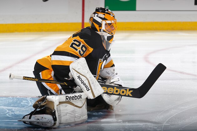 PITTSBURGH, PA - OCTOBER 22:  Marc-Andre Fleury #29 of the Pittsburgh Penguins warms up during the game against the Philadelphia Flyers at Consol Energy Center on October 22, 2014 in Pittsburgh, Pennsylvania.  (Photo by Gregory Shamus/NHLI via Getty Images)
