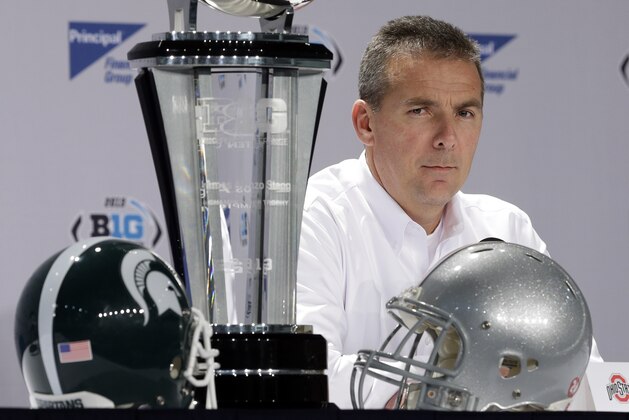 Ohio State head coach Urban Meyer responds to a question during a news conference for the Big Ten Conference championship NCAA college football game on Friday, Dec. 6, 2013, in Indianapolis. Ohio State is to play Michigan State, Saturday for the championship. (AP Photo/Darron Cummings)