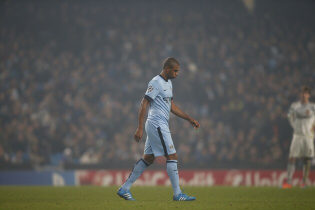 Manchester City's Fernandinho walks off the pitch, at the end of the Champions League group E soccer match between Manchester City and CSKA Moscow, at the Etihad Stadium, in Manchester, England, Wednesday, Nov. 5, 2014. (AP Photo/Jon Super)