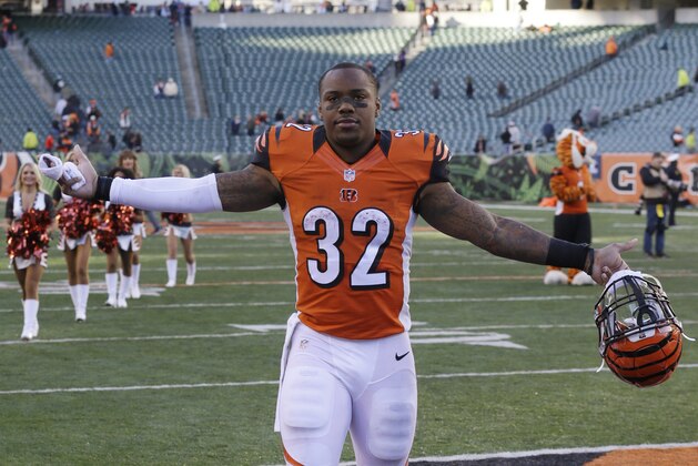 El running back Jeremy Hill de los Bengals de Cincinnati festeja tras la victoria 33-23 ante los Jaguars de Jacksonville, el domingo 2 de noviembre de 2014. (AP Foto/David Kohl)