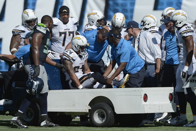 SAN DIEGO, CA - SEPTEMBER 14:  Running back Ryan Mathews #24 of the San Diego Chargers is attended to by medical personnel while playing the Seattle Seahawks at Qualcomm Stadium on September 14, 2014 in San Diego, California.  (Photo by Donald Miralle/Getty Images)