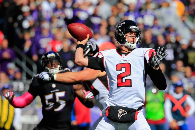 BALTIMORE, MD - OCTOBER 19:  Quarterback Matt Ryan #2 of the Atlanta Falcons drops back to pass against the Baltimore Ravens at M&T Bank Stadium on October 19, 2014 in Baltimore, Maryland.  (Photo by Rob Carr/Getty Images)