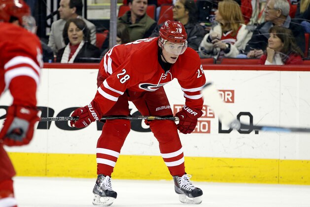 Carolina Hurricanes' Alexander Semin (28) awaits the face-off during the second period of an NHL hockey game against the Winnipeg Jets in Raleigh, N.C., Tuesday, Feb. 4, 2014. (AP Photo/Karl B DeBlaker)