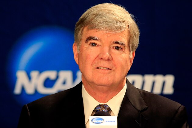 ARLINGTON, TX - APRIL 06:  NCAA President Mark Emmert speaks to the media during a press conference at AT&T Stadium on April 6, 2014 in Arlington, Texas.  (Photo by Jamie Squire/Getty Images)