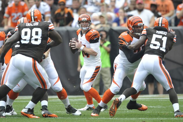 Cincinnati Bengals quarterback Andy Dalton (14) during an NFL football game against the Cleveland Browns Sunday, Sept. 29, 2013, in Cleveland. Cleveland won 17-6. (AP Photo/David Richard)