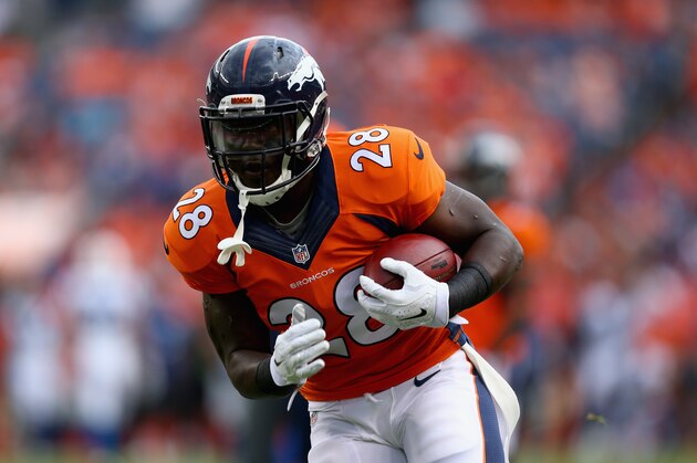 DENVER, CO - SEPTEMBER 07:  Running back Montee Ball #28 of the Denver Broncos carries the ball prior to the start of the game against the Indianapolis Colts at Sports Authority Field at Mile High on September 7, 2014 in Denver, Colorado.  (Photo by Jeff Gross/Getty Images)