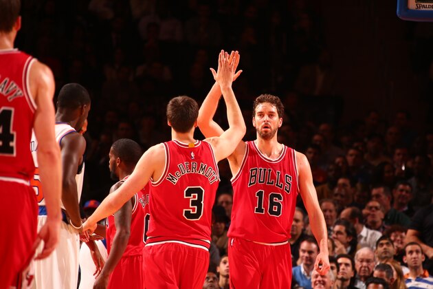 NEW YORK, NY - OCTOBER 29:  Pau Gasol #16 of the Chicago Bulls high fives teammates during a game against the New York Knicks at Madison Square Garden in New York City on October 29, 2014.  NOTE TO USER: User expressly acknowledges and agrees that, by downloading and or using this photograph, User is consenting to the terms and conditions of the Getty Images License Agreement. Mandatory Copyright Notice: Copyright 2014 NBAE  (Photo by Nathaniel S. Butler/NBAE via Getty Images)