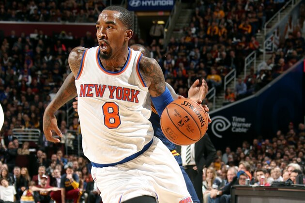 CLEVELAND, OH - OCTOBER 30: J.R. Smith #8 of the New York Knicks drives against the Cleveland Cavaliers on October 30, 2014 in Cleveland, Ohio. NOTE TO USER: User expressly acknowledges and agrees that, by downloading and/or using this photograph, user is consenting to the terms and conditions of the Getty Images License Agreement. Mandatory Copyright Notice: Copyright 2012 NBAE (Photo by Joe Murphy/NBAE via Getty Images)
