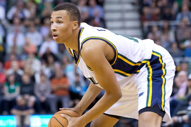 Nov 5, 2014; Salt Lake City, UT, USA; Utah Jazz guard Dante Exum (11) controls the ball during the first half against the Cleveland Cavaliers at EnergySolutions Arena. Mandatory Credit: Russ Isabella-USA TODAY Sports