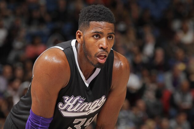 SACRAMENTO, CA - OCTOBER 31: Jason Thompson #34 of the Sacramento Kings looks on during the game against the Portland Trail Blazers on October 31, 2014 at Sleep Train Arena in Sacramento, California. NOTE TO USER: User expressly acknowledges and agrees that, by downloading and or using this photograph, User is consenting to the terms and conditions of the Getty Images Agreement. Mandatory Copyright Notice: Copyright 2014 NBAE (Photo by Rocky Widner/NBAE via Getty Images)